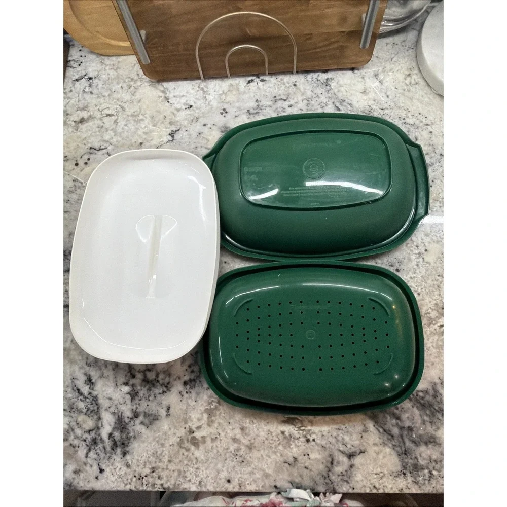 Vintage Tupperware Microwave Steamer Green & White 3 Piece Set